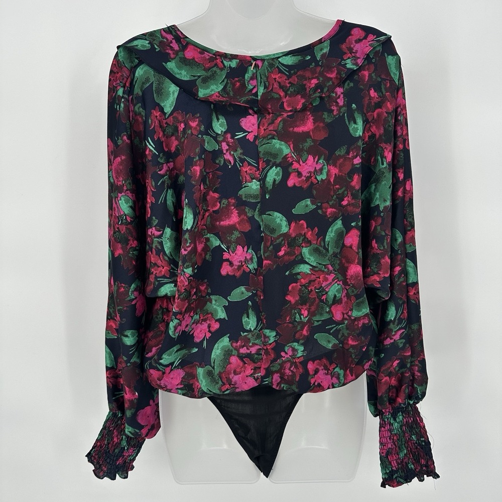 MISA Los Angeles Sz M V-Neck Black Floral Long Sleeve Dolman‎ Sleeve Bodysuit - Picture 2 of 8